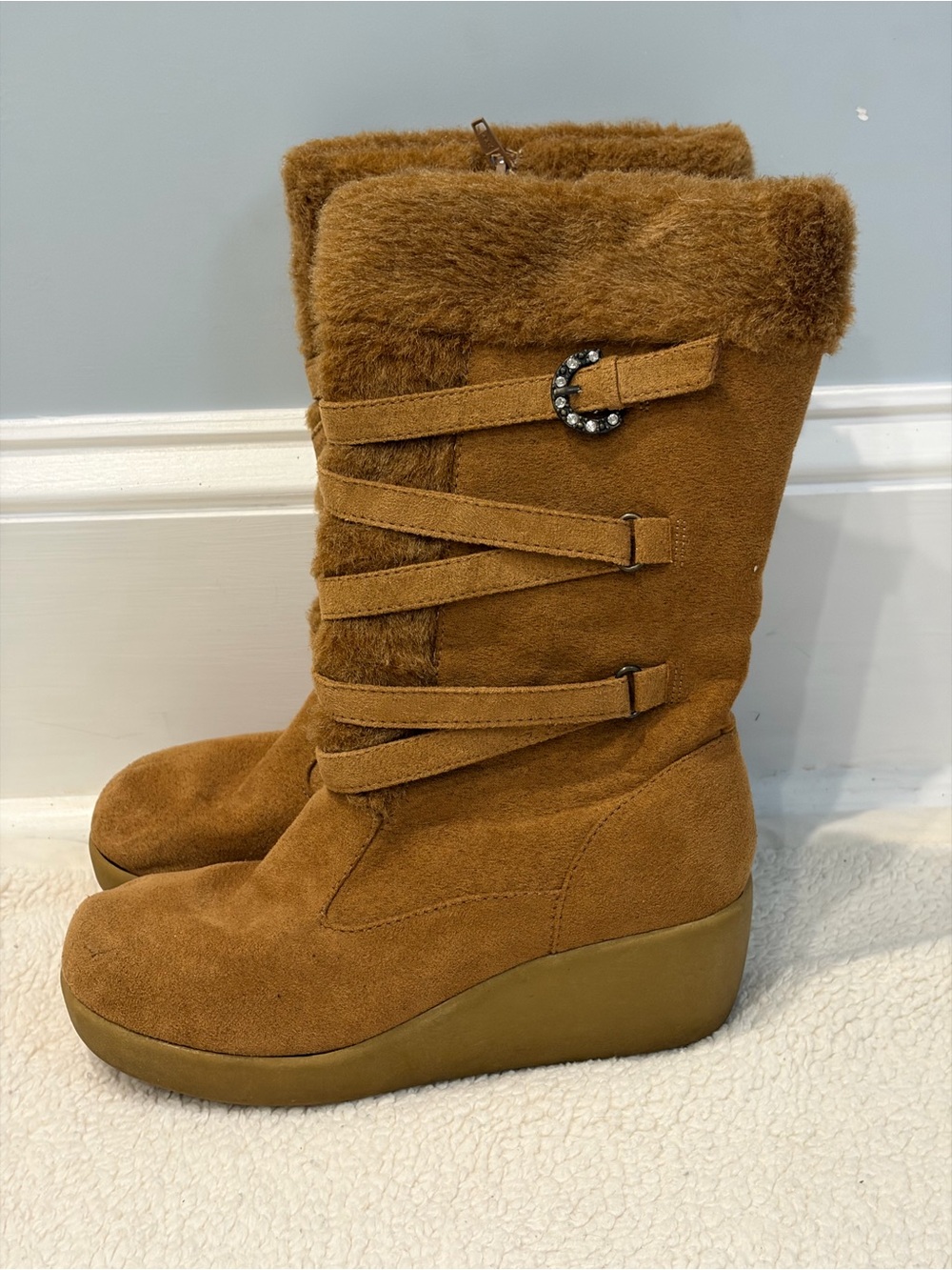 George Faux Suede Wedge Fur-Trim Boots - Brown Camel